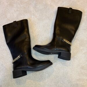 NWT A New Day Bobbi Boots Black Knee High Faux Leather Boots Gold Chain Size 7.5